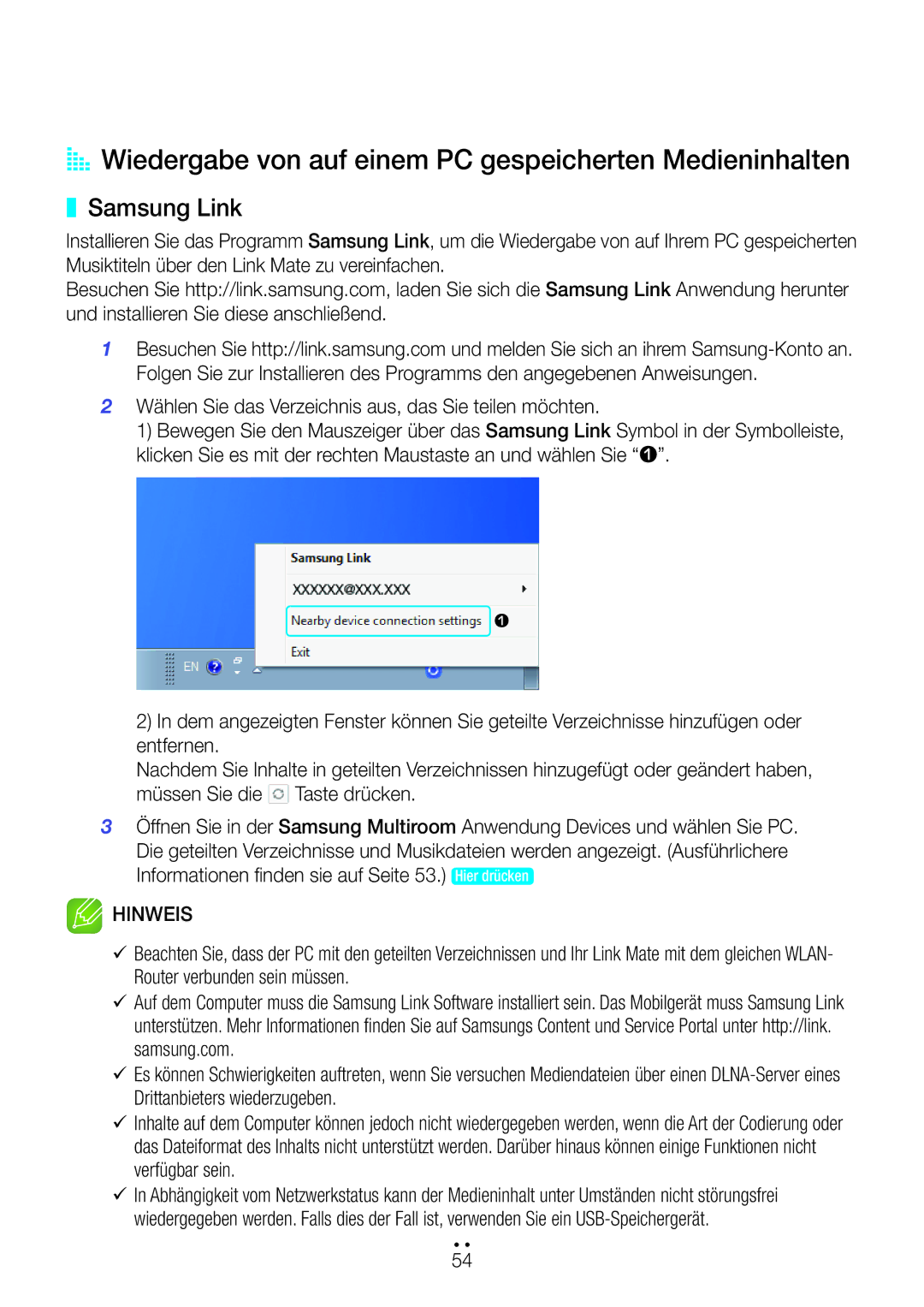 Samsung WAM270/EN manual AA Wiedergabe von auf einem PC gespeicherten Medieninhalten, Samsung Link 