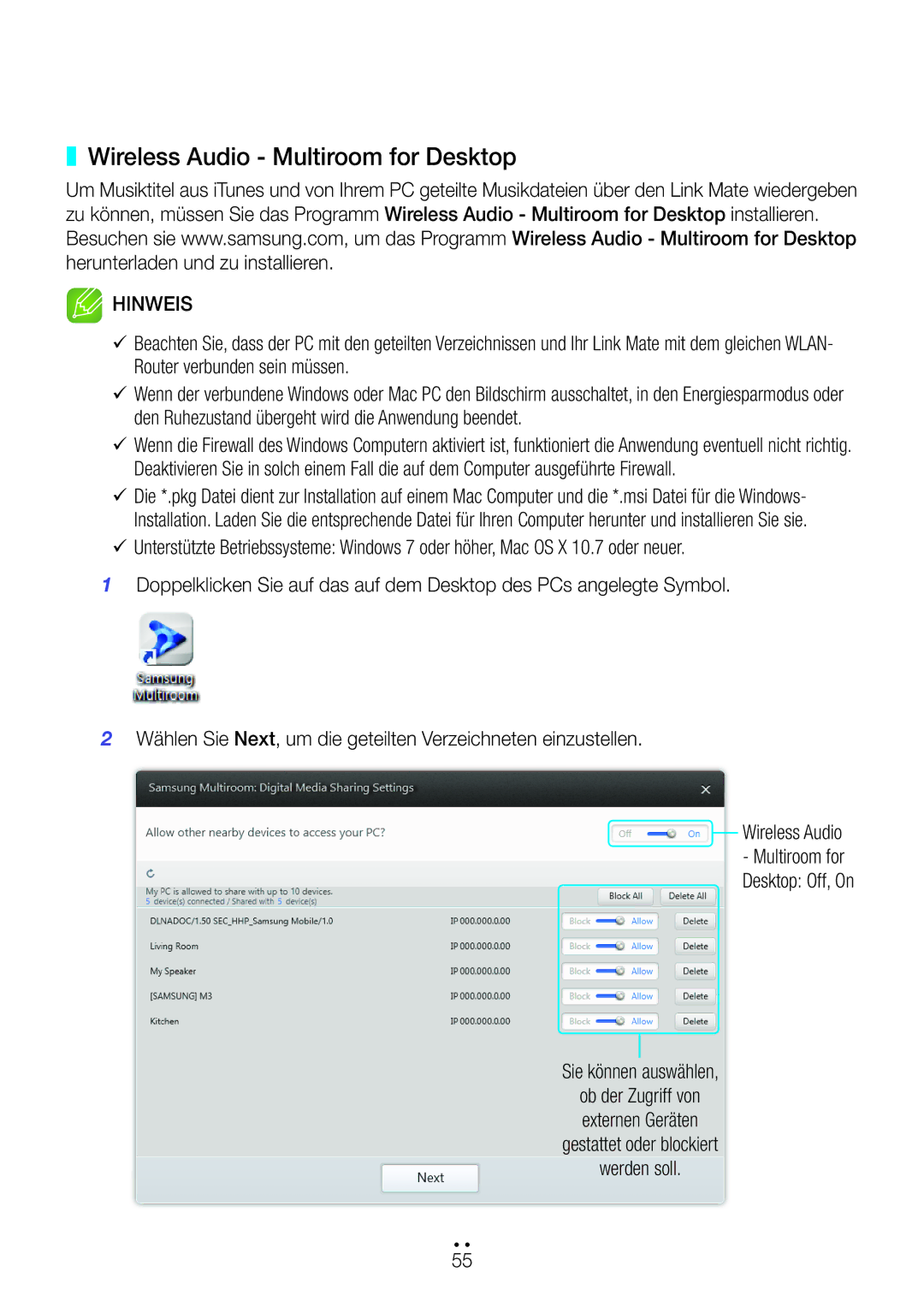 Samsung WAM270/EN manual Wireless Audio Multiroom for Desktop, Sie können auswählen 