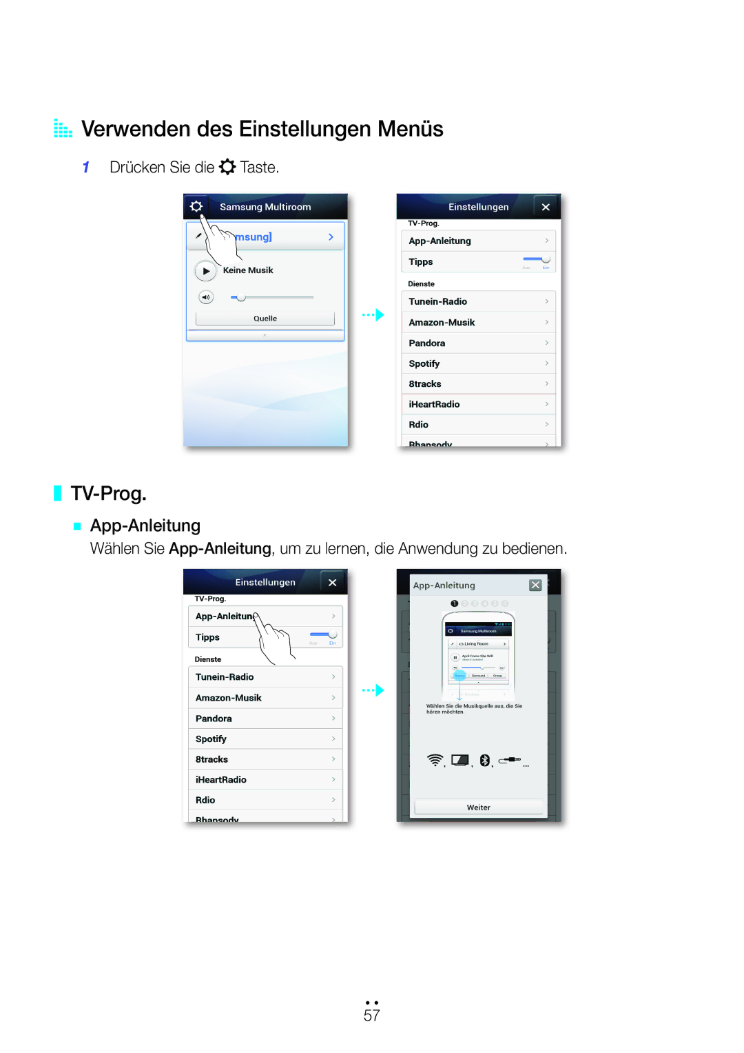 Samsung WAM270/EN manual AAVerwenden des Einstellungen Menüs, TV-Prog, `` App-Anleitung 