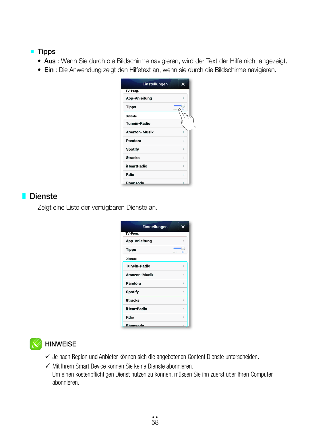 Samsung WAM270/EN manual Zeigt eine Liste der verfügbaren Dienste an 