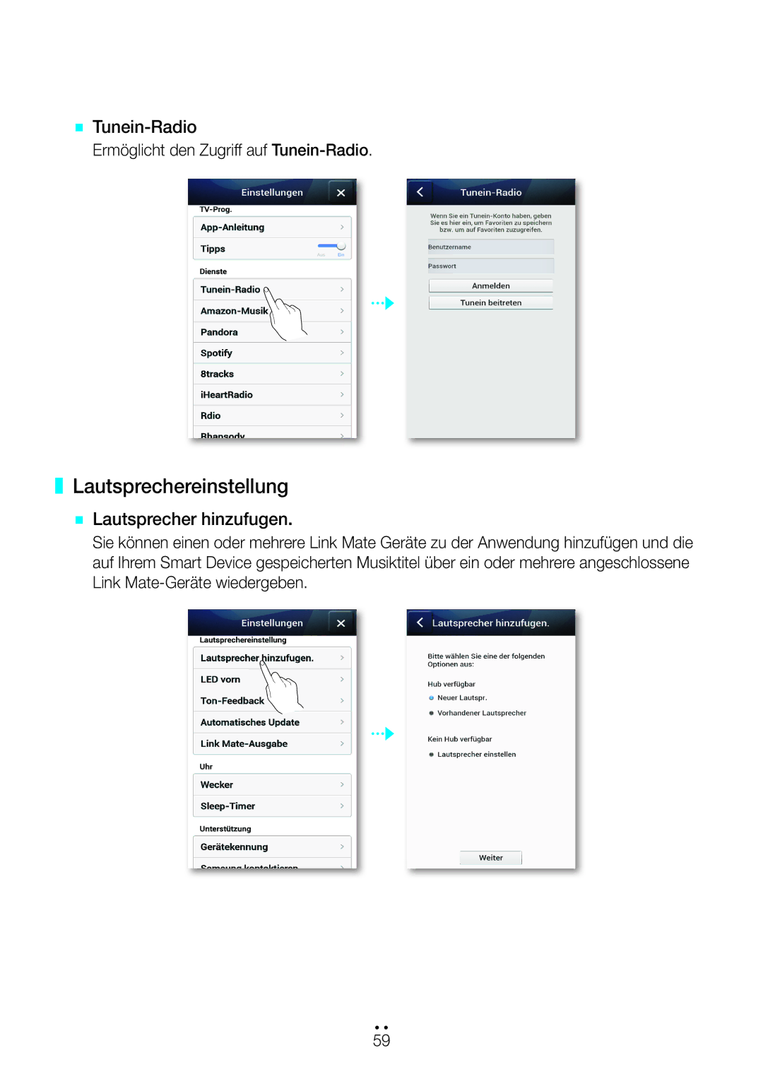 Samsung WAM270/EN manual Lautsprechereinstellung, `` Tunein-Radio, `` Lautsprecher hinzufugen 