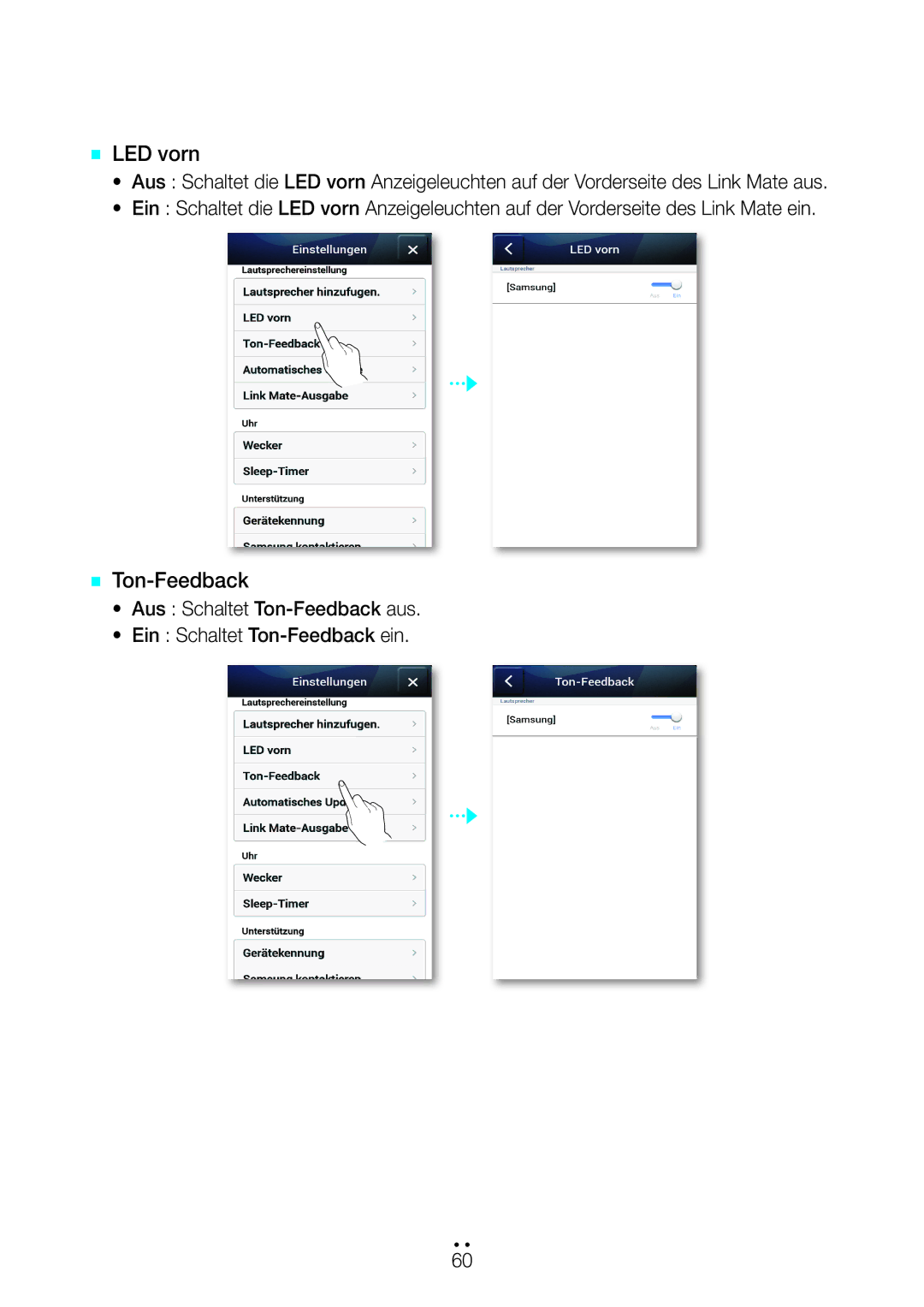 Samsung WAM270/EN manual `` LED vorn, `` Ton-Feedback, Aus Schaltet Ton-Feedback aus Ein Schaltet Ton-Feedback ein 