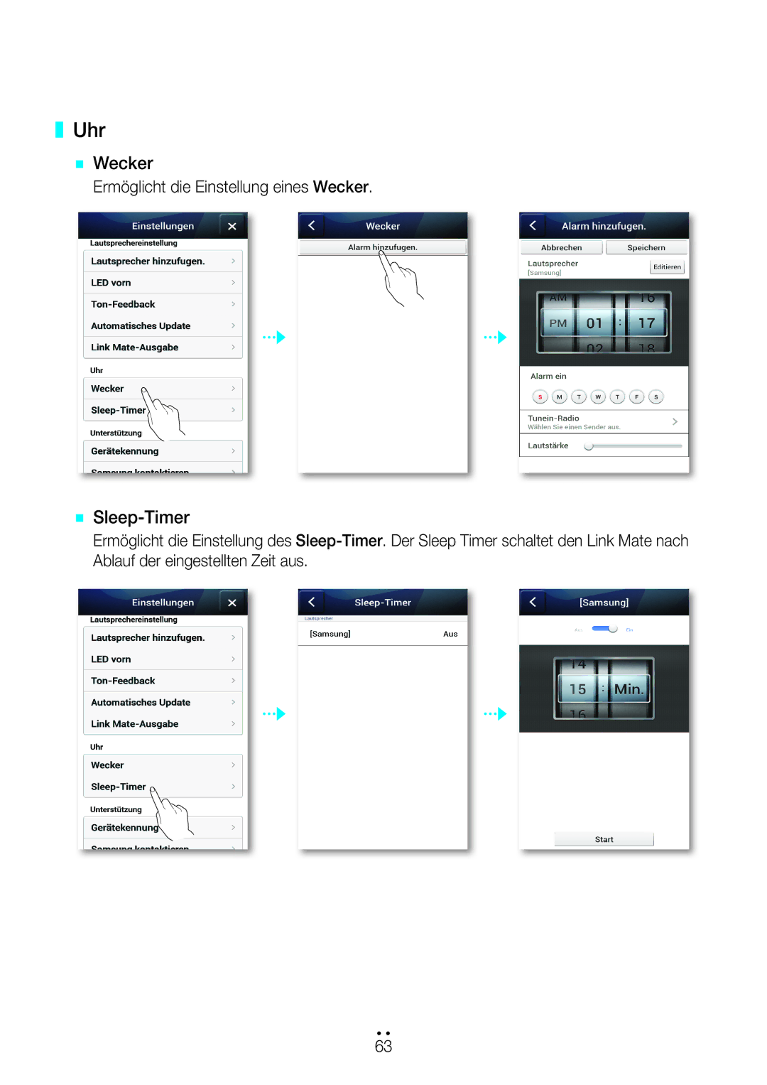 Samsung WAM270/EN manual Uhr, `` Sleep-Timer, `` WeckerErmöglicht die Einstellung eines Wecker 