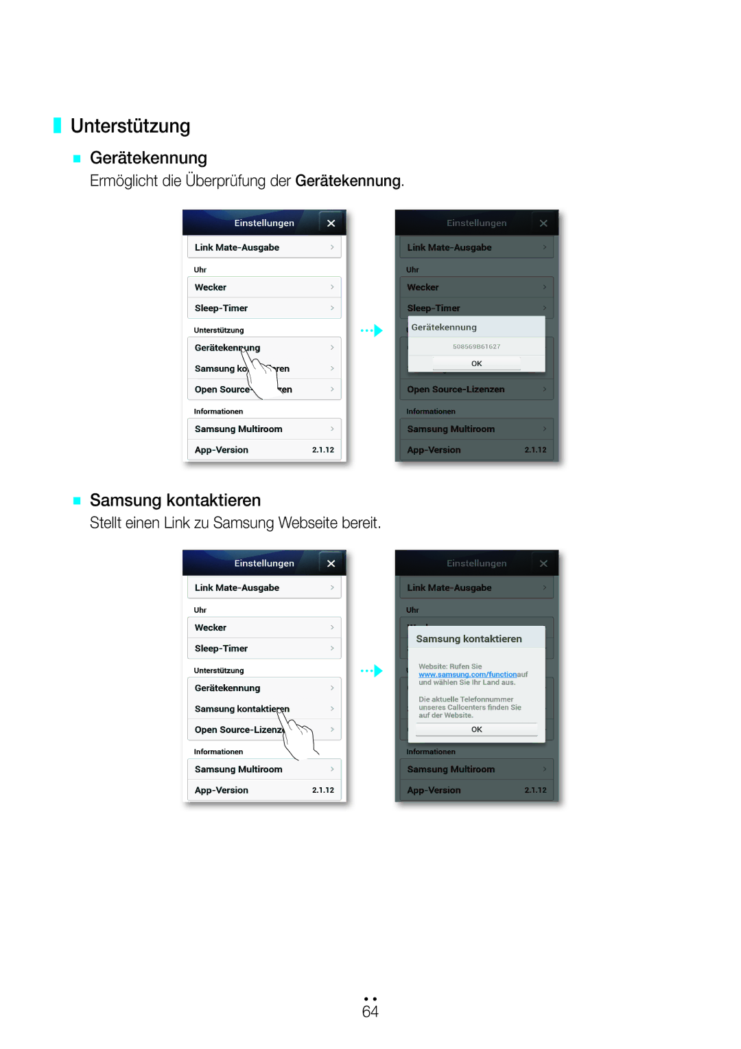 Samsung WAM270/EN Unterstützung, `` Gerätekennung, `` Samsung kontaktieren, Ermöglicht die Überprüfung der Gerätekennung 