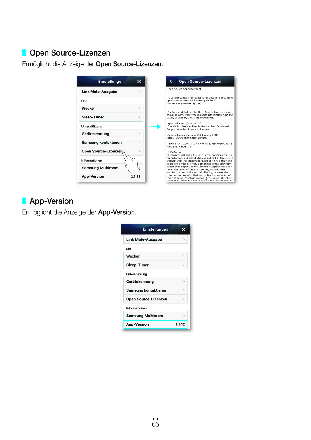 Samsung WAM270/EN manual Ermöglicht die Anzeige der Open Source-Lizenzen, Ermöglicht die Anzeige der App-Version 