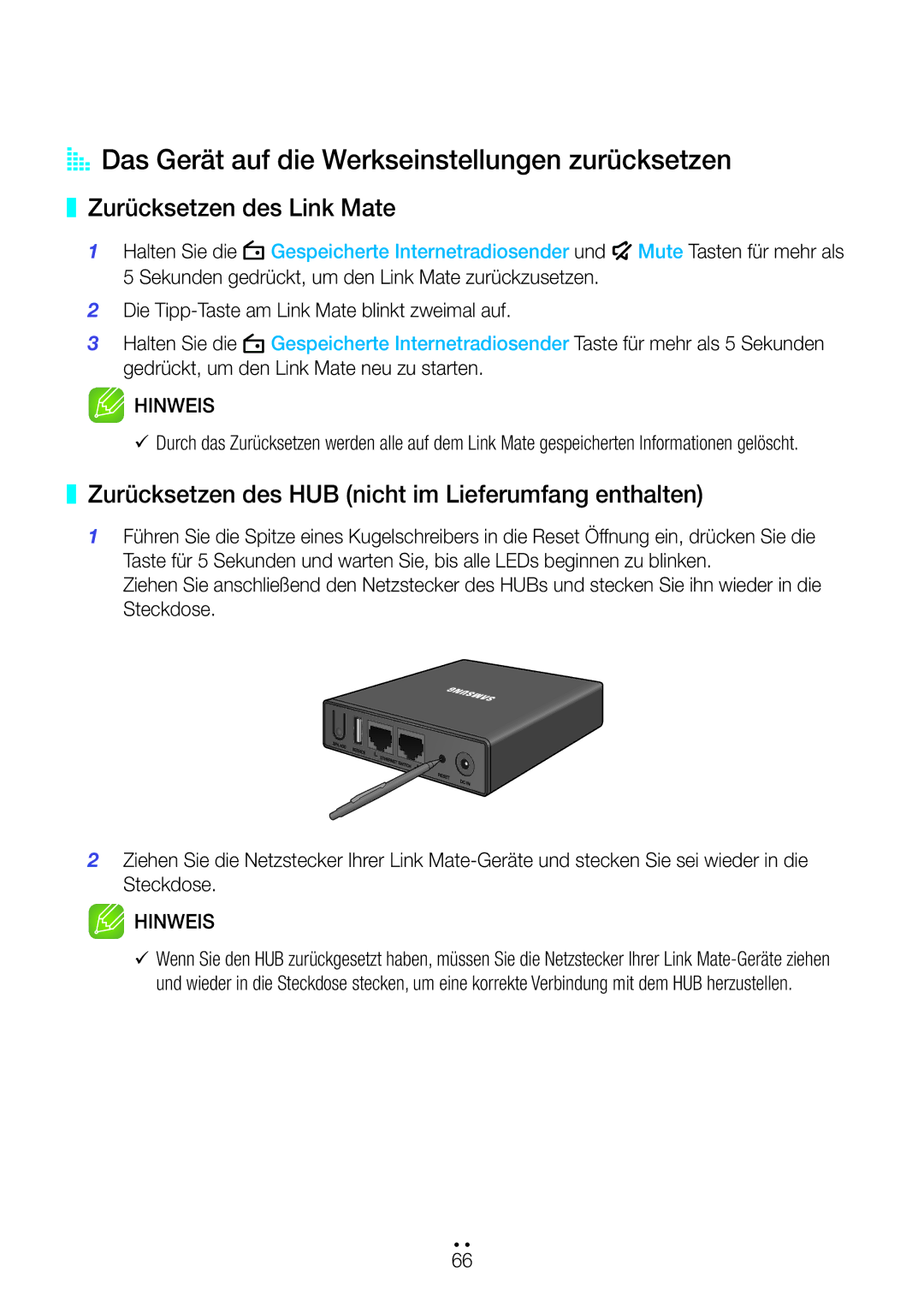 Samsung WAM270/EN manual AA Das Gerät auf die Werkseinstellungen zurücksetzen, Zurücksetzen des Link Mate 