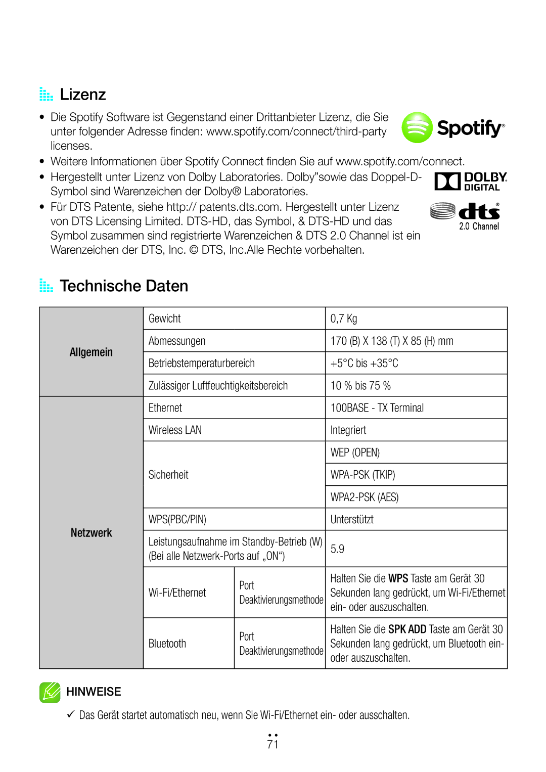 Samsung WAM270/EN manual AA Lizenz, AA Technische Daten 