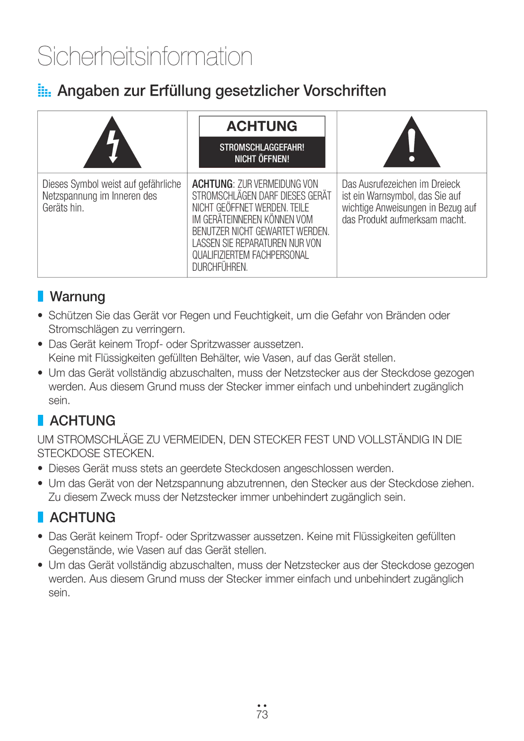 Samsung WAM270/EN AA Angaben zur Erfüllung gesetzlicher Vorschriften, Warnung, Netzspannung im Inneren des, Geräts hin 