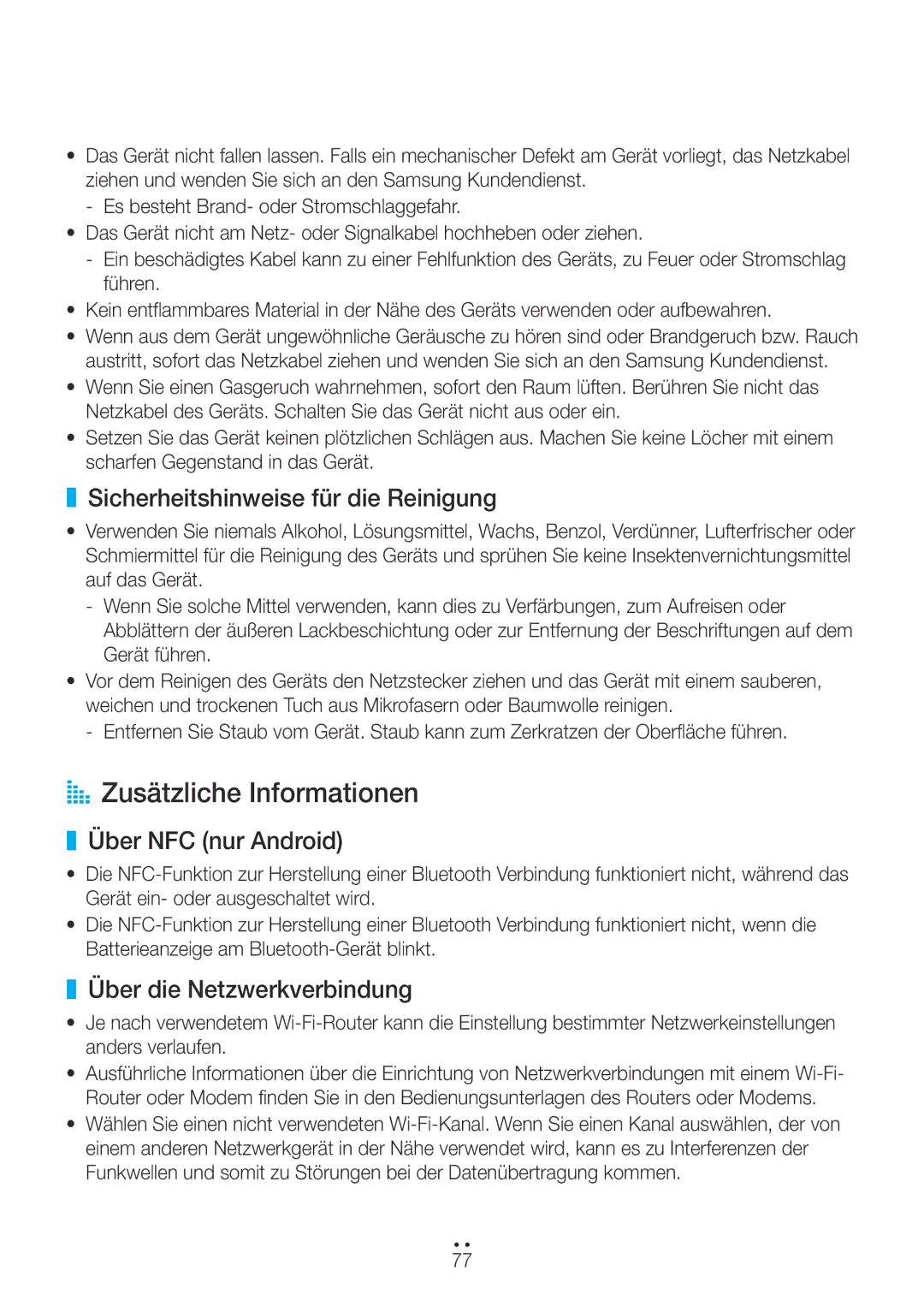 Samsung WAM270/EN manual AA Zusätzliche Informationen, Sicherheitshinweise für die Reinigung, Über NFC nur Android 