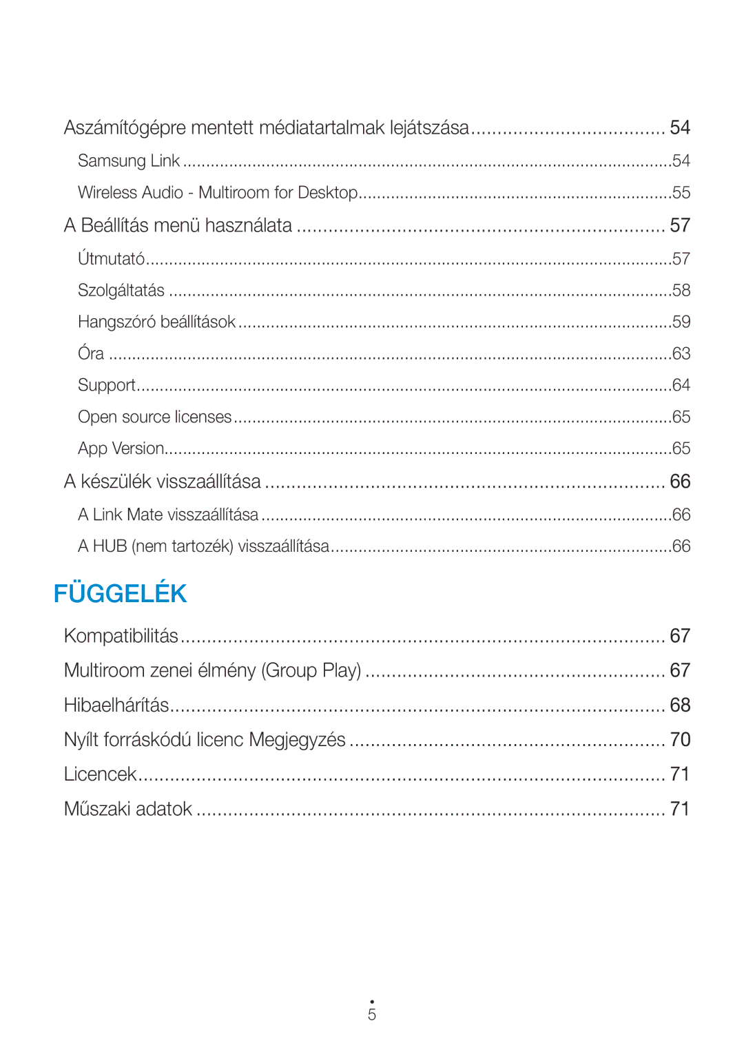 Samsung WAM270/EN Aszámítógépre mentett médiatartalmak lejátszása, Beállítás menü használata, Készülék visszaállítása 