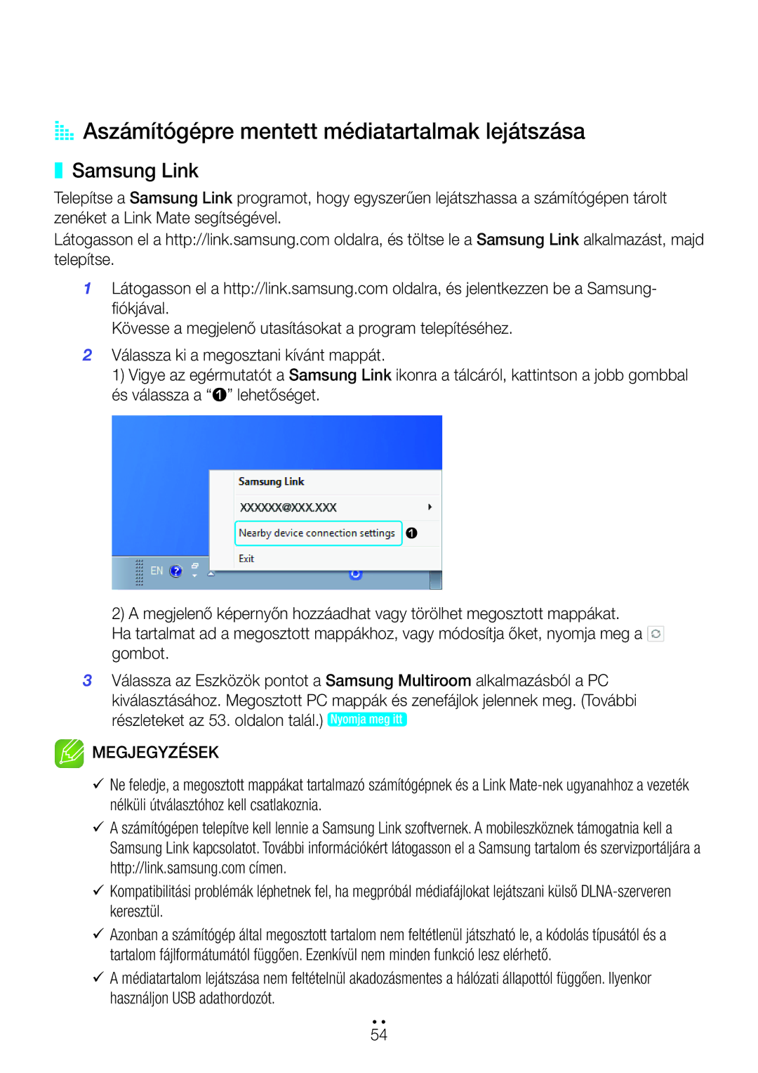 Samsung WAM270/EN manual AA Aszámítógépre mentett médiatartalmak lejátszása, Samsung Link 