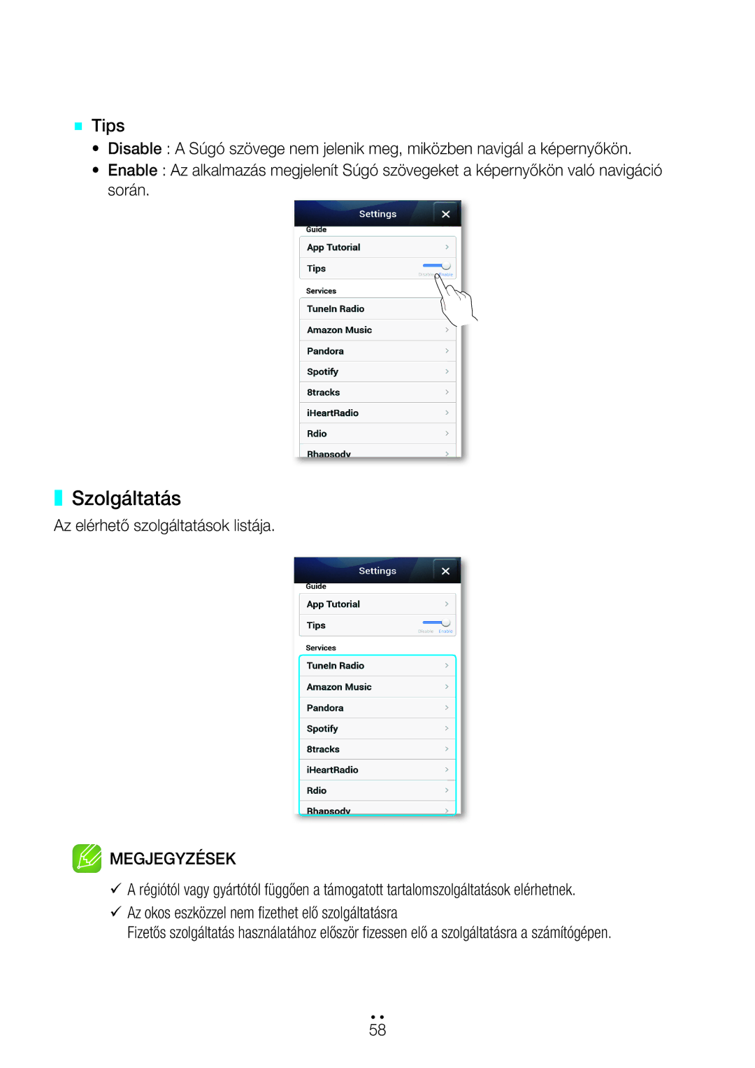 Samsung WAM270/EN manual Szolgáltatás 