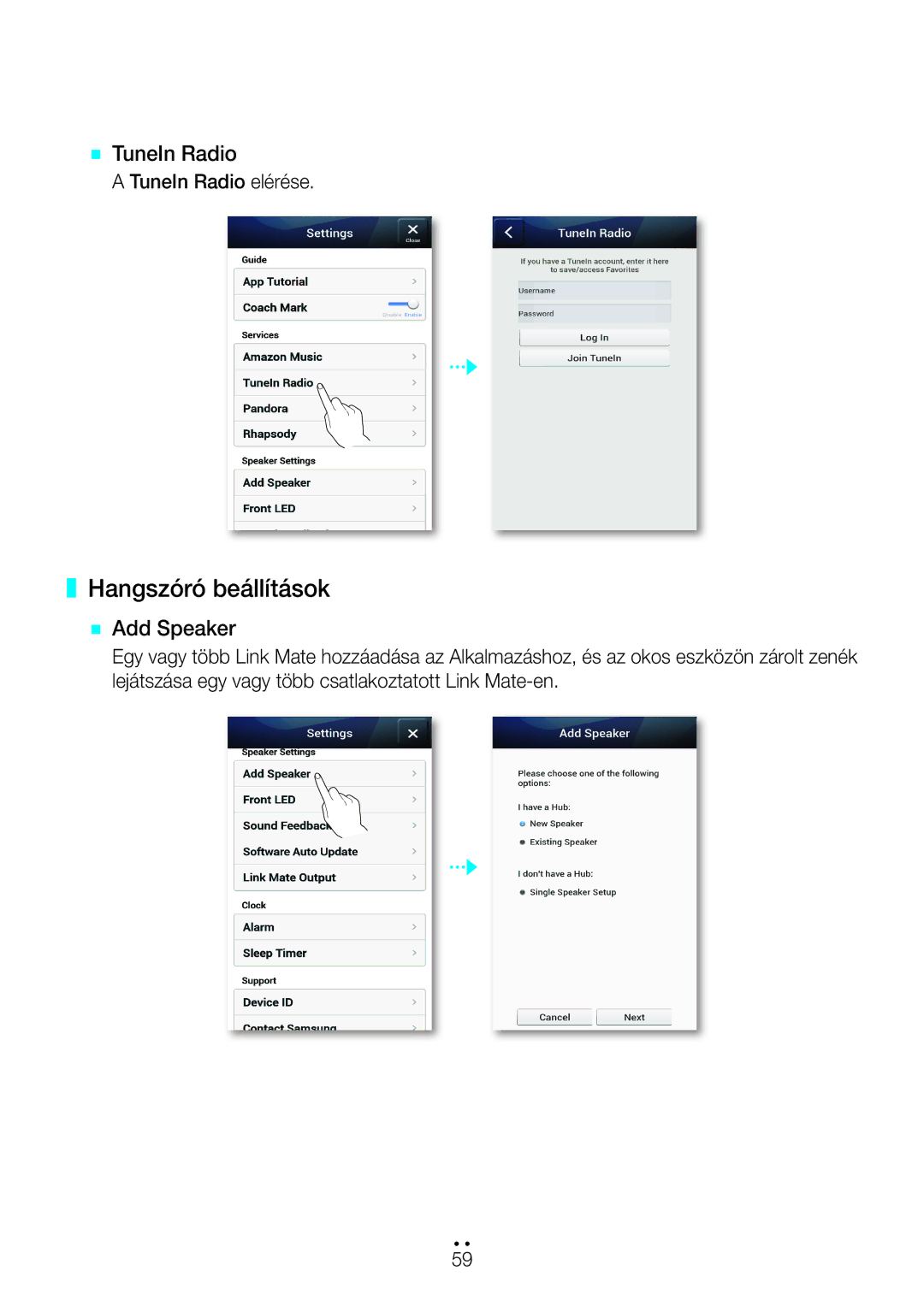 Samsung WAM270/EN manual Hangszóró beállítások, `` TuneIn Radio, `` Add Speaker 