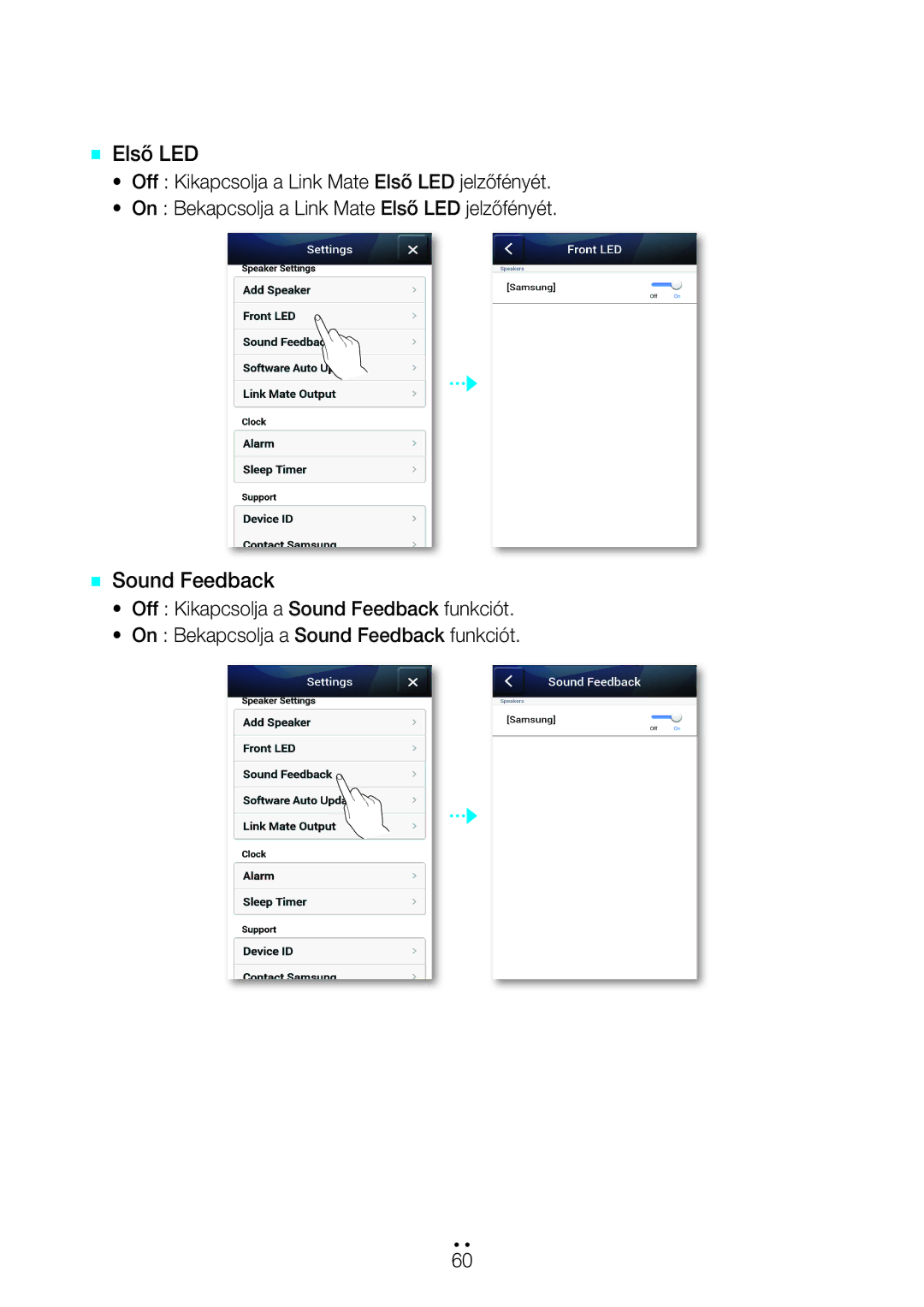 Samsung WAM270/EN manual `` Első LED, `` Sound Feedback 