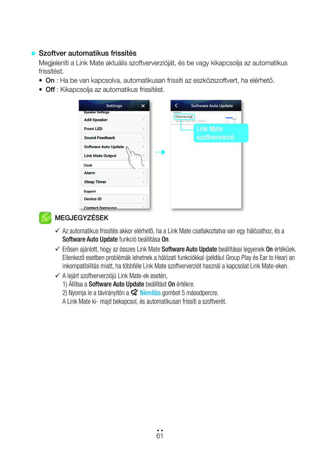 Samsung WAM270/EN manual `` Szoftver automatikus frissítés 