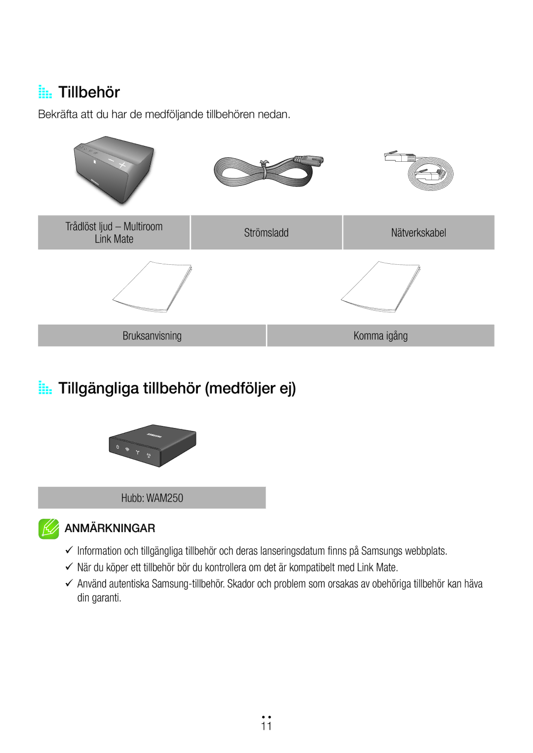 Samsung WAM270/XE manual AA Tillbehör, AA Tillgängliga tillbehör medföljer ej, Hubb WAM250 