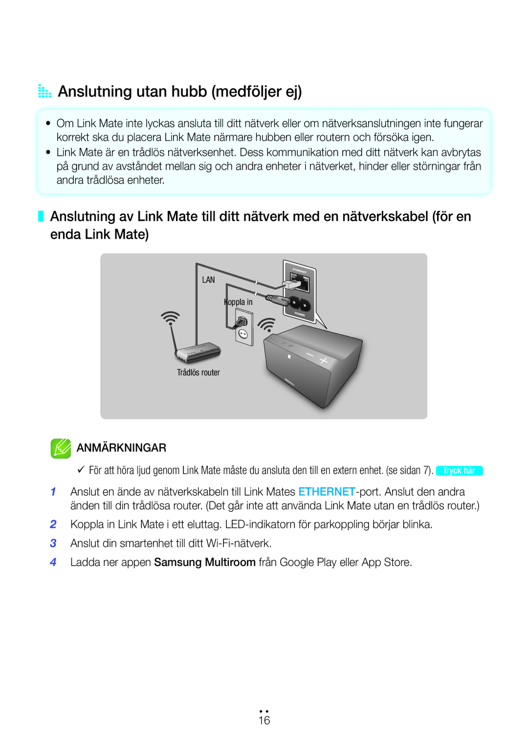 Samsung WAM270/XE manual AA Anslutning utan hubb medföljer ej 