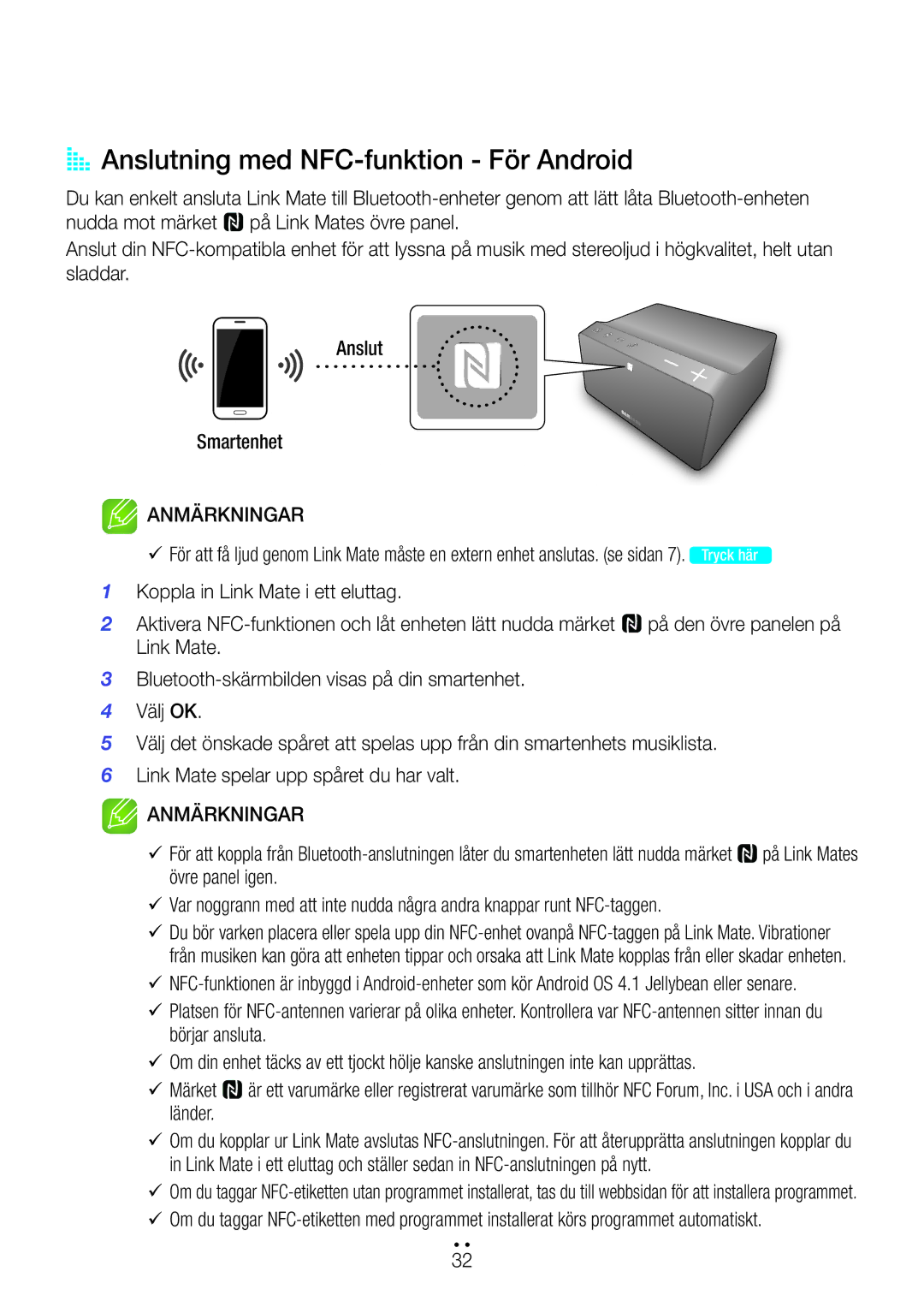 Samsung WAM270/XE manual AA Anslutning med NFC-funktion För Android, Börjar ansluta, 9Märket, Länder 