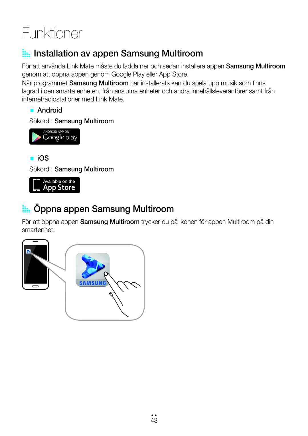 Samsung WAM270/XE manual AA Installation av appen Samsung Multiroom, AA Öppna appen Samsung Multiroom, `` Android 