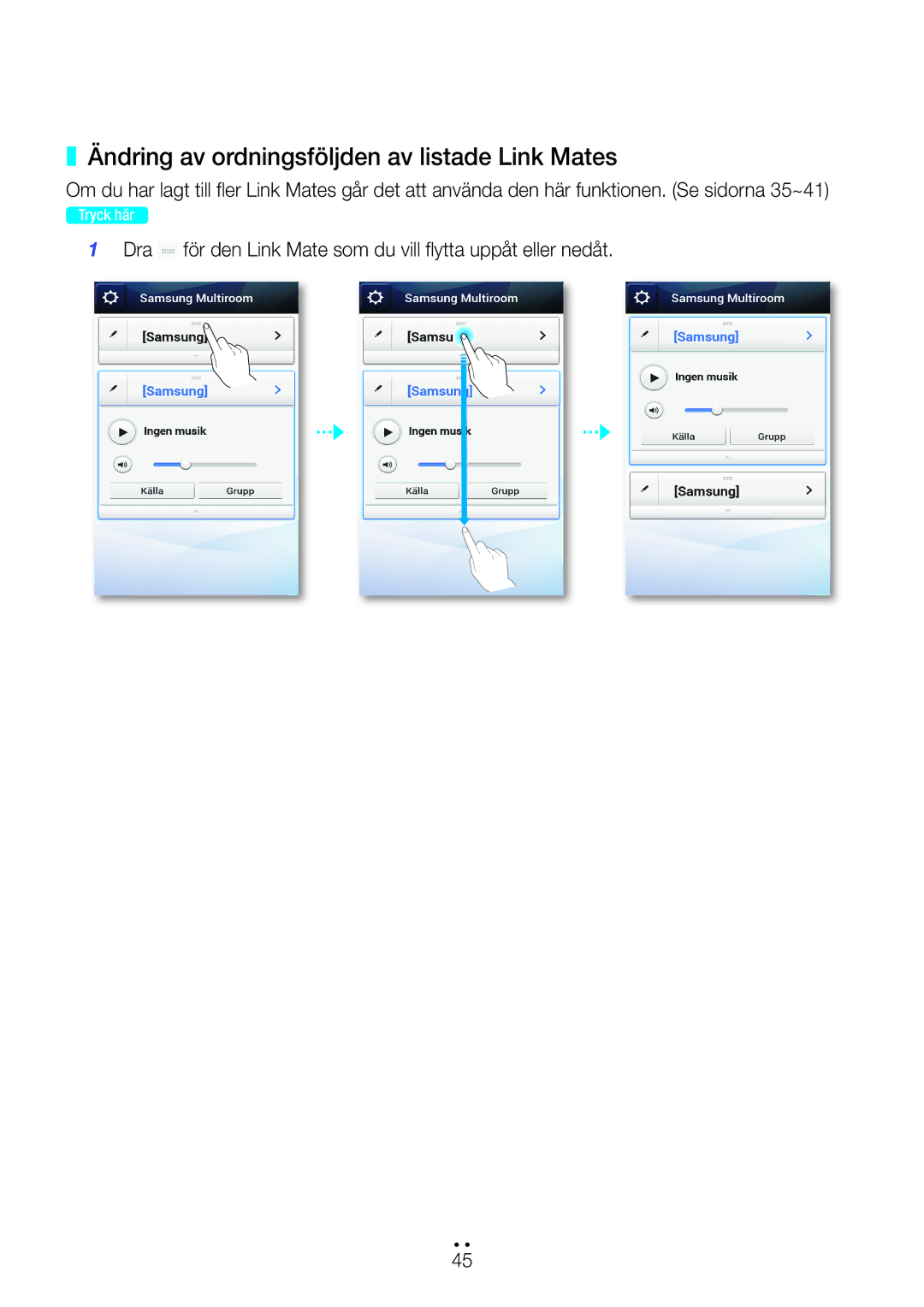 Samsung WAM270/XE manual Ändring av ordningsföljden av listade Link Mates 