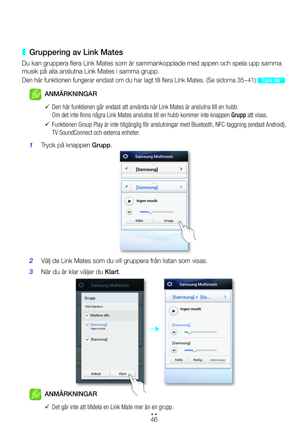 Samsung WAM270/XE manual Gruppering av Link Mates, 99Det går inte att tilldela en Link Mate mer än en grupp 