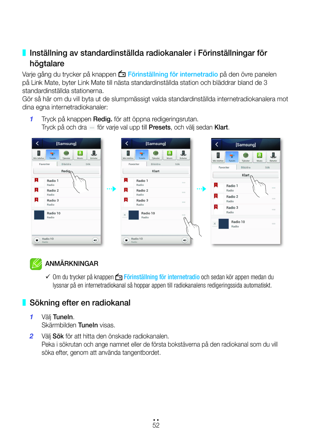 Samsung WAM270/XE manual Sökning efter en radiokanal 