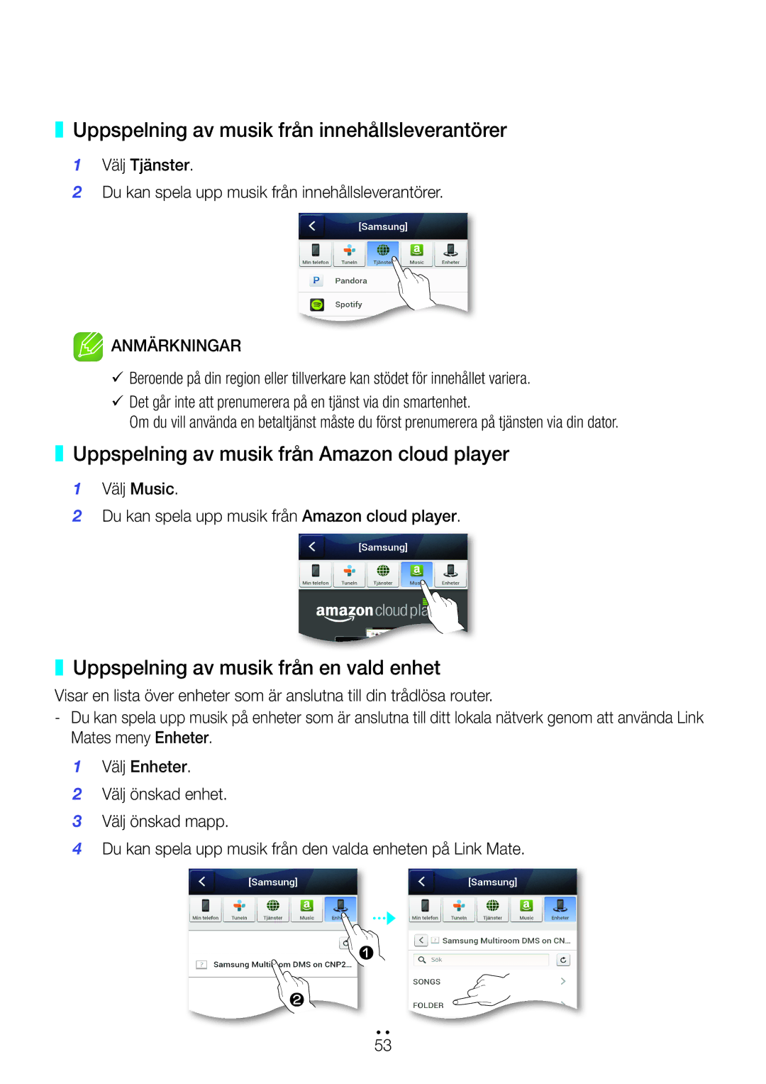 Samsung WAM270/XE manual Uppspelning av musik från innehållsleverantörer, Uppspelning av musik från Amazon cloud player 