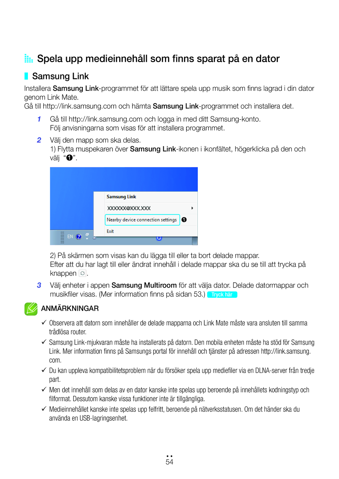 Samsung WAM270/XE manual AA Spela upp medieinnehåll som finns sparat på en dator, Samsung Link 