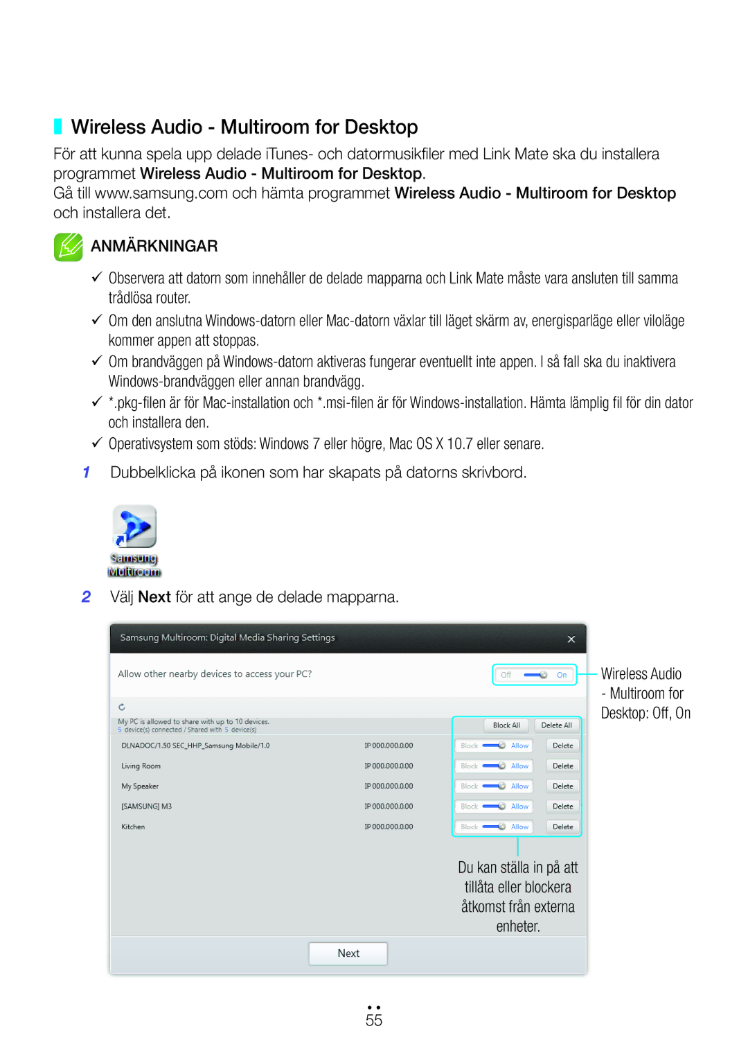 Samsung WAM270/XE manual Wireless Audio Multiroom for Desktop, Du kan ställa in på att 