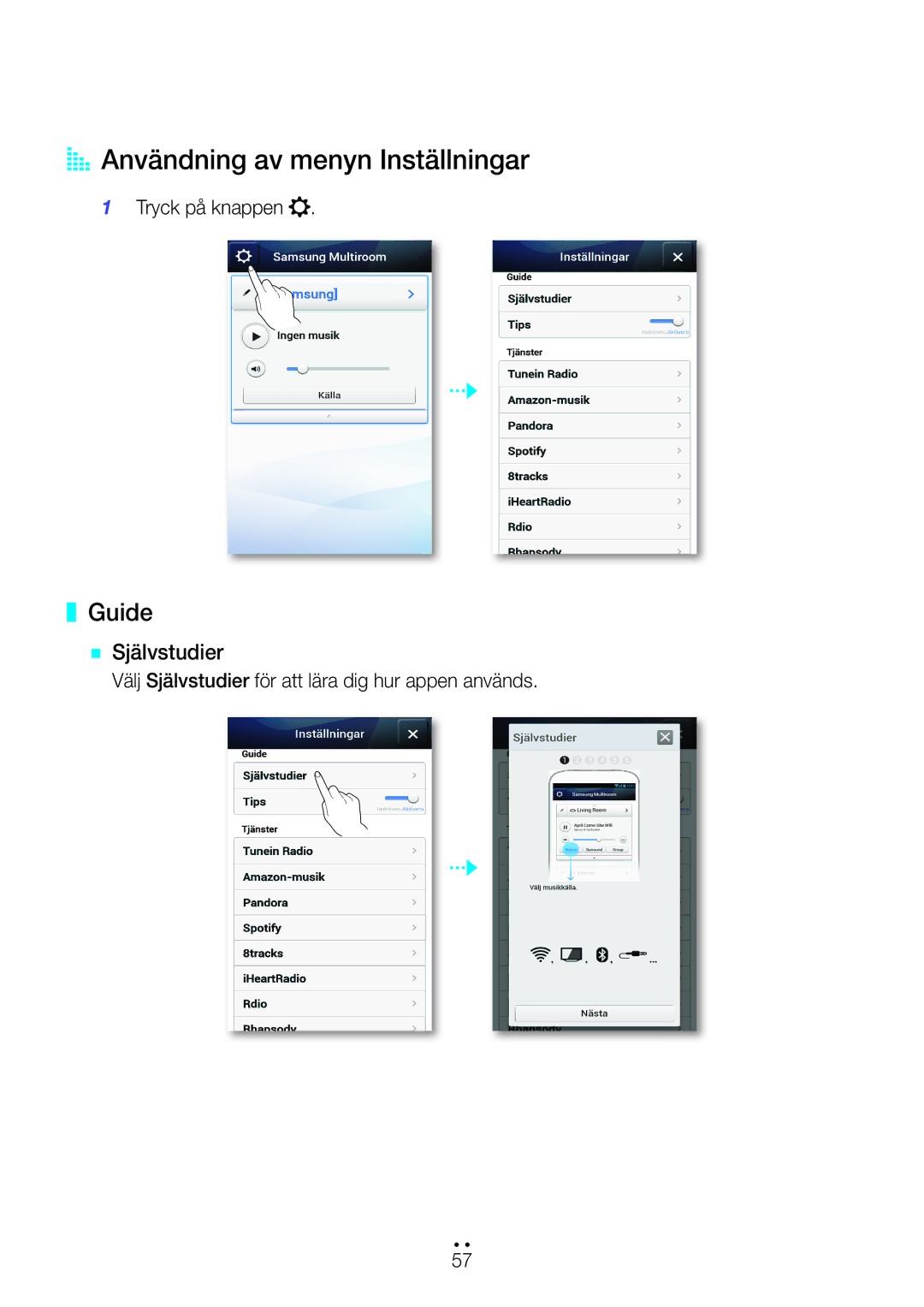 Samsung WAM270/XE manual AAAnvändning av menyn Inställningar, Guide, `` Självstudier 