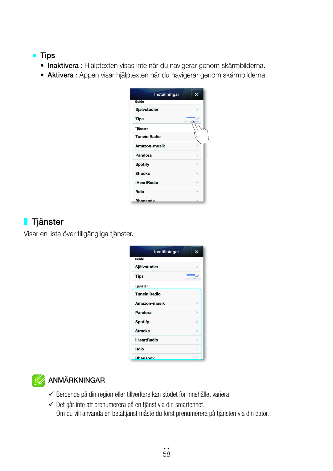 Samsung WAM270/XE manual Tjänster, `` Tips, Visar en lista över tillgängliga tjänster 