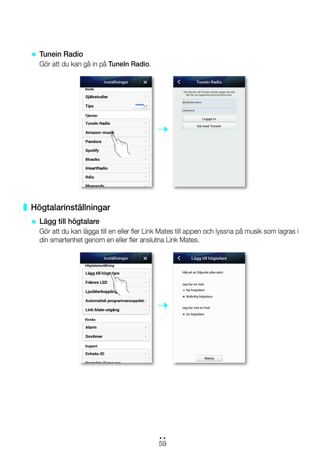 Samsung WAM270/XE Högtalarinställningar, `` Tunein Radio, `` Lägg till högtalare, Gör att du kan gå in på TuneIn Radio 