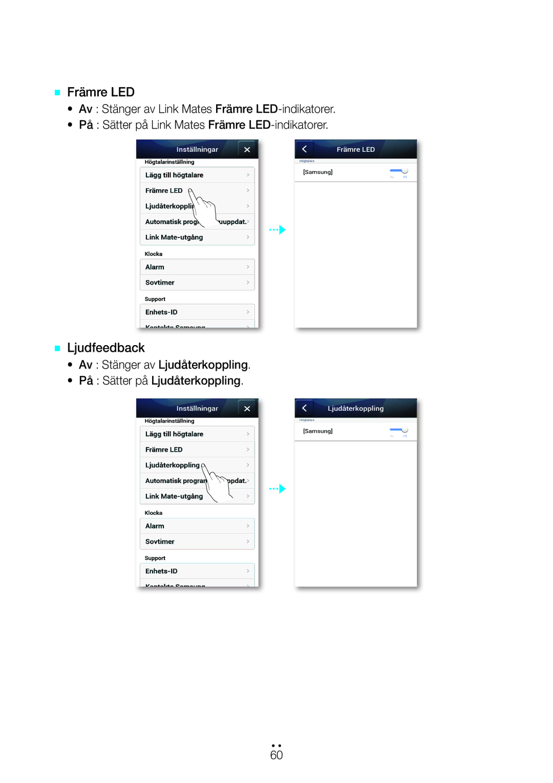 Samsung WAM270/XE manual `` Främre LED, `` Ljudfeedback 