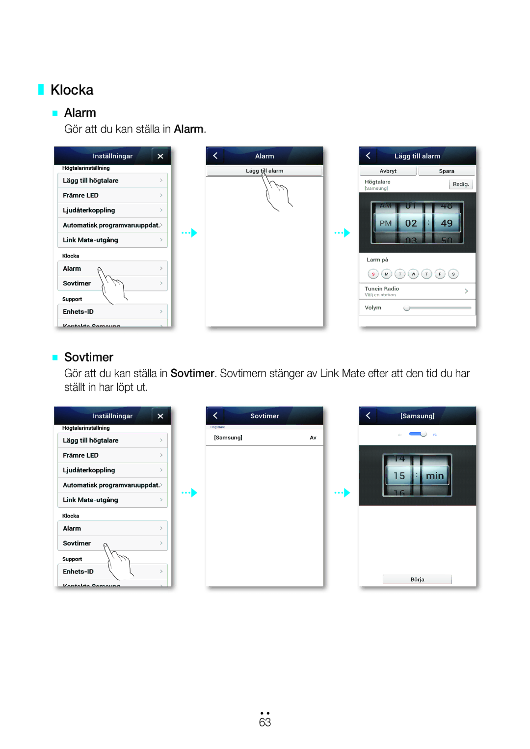 Samsung WAM270/XE manual Klocka, `` Alarm, `` Sovtimer, Gör att du kan ställa in Alarm 