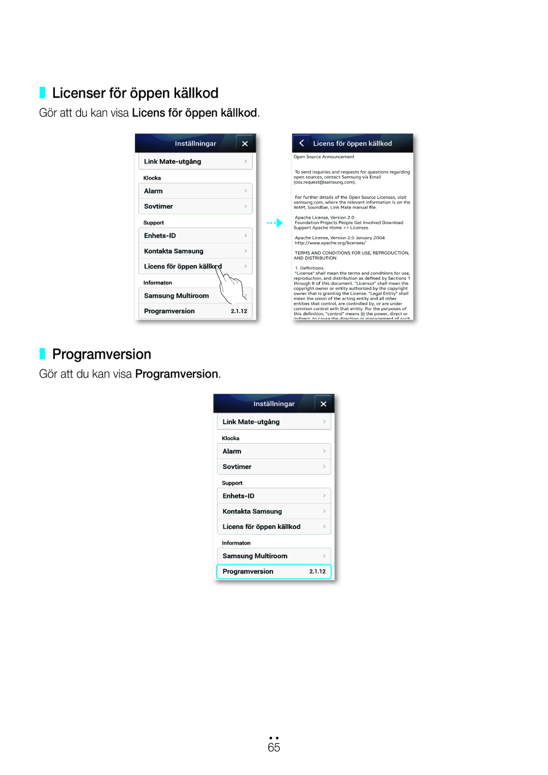 Samsung WAM270/XE manual Licenser för öppen källkod, Programversion, Gör att du kan visa Licens för öppen källkod 