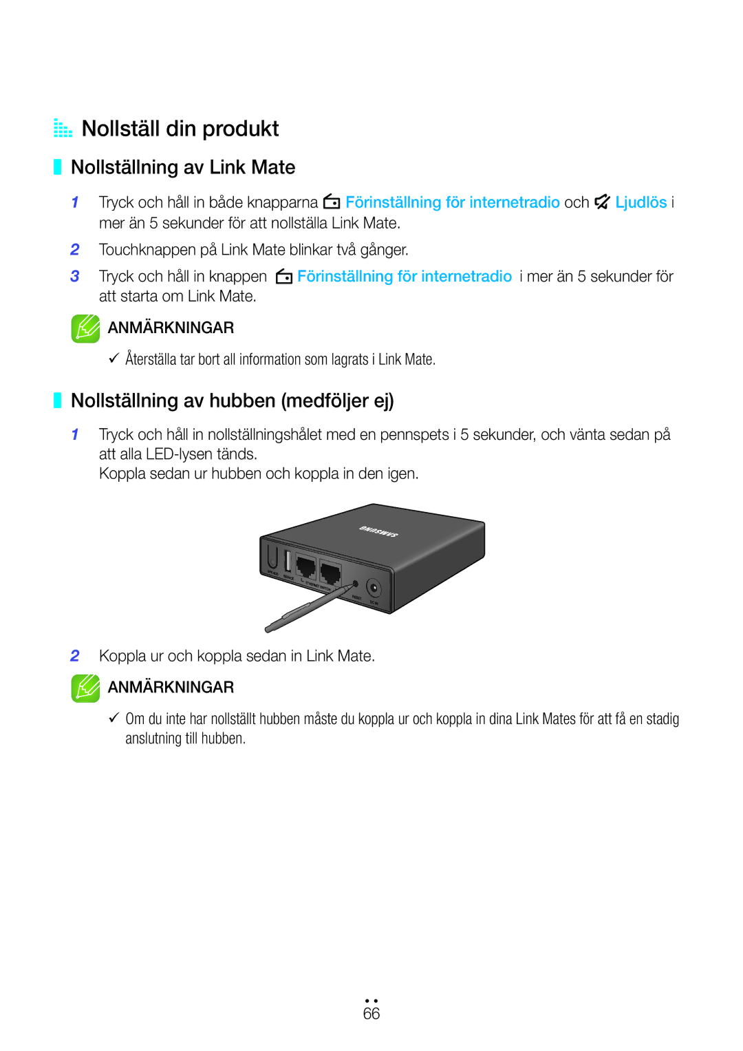 Samsung WAM270/XE manual AA Nollställ din produkt, Nollställning av Link Mate, Nollställning av hubben medföljer ej 