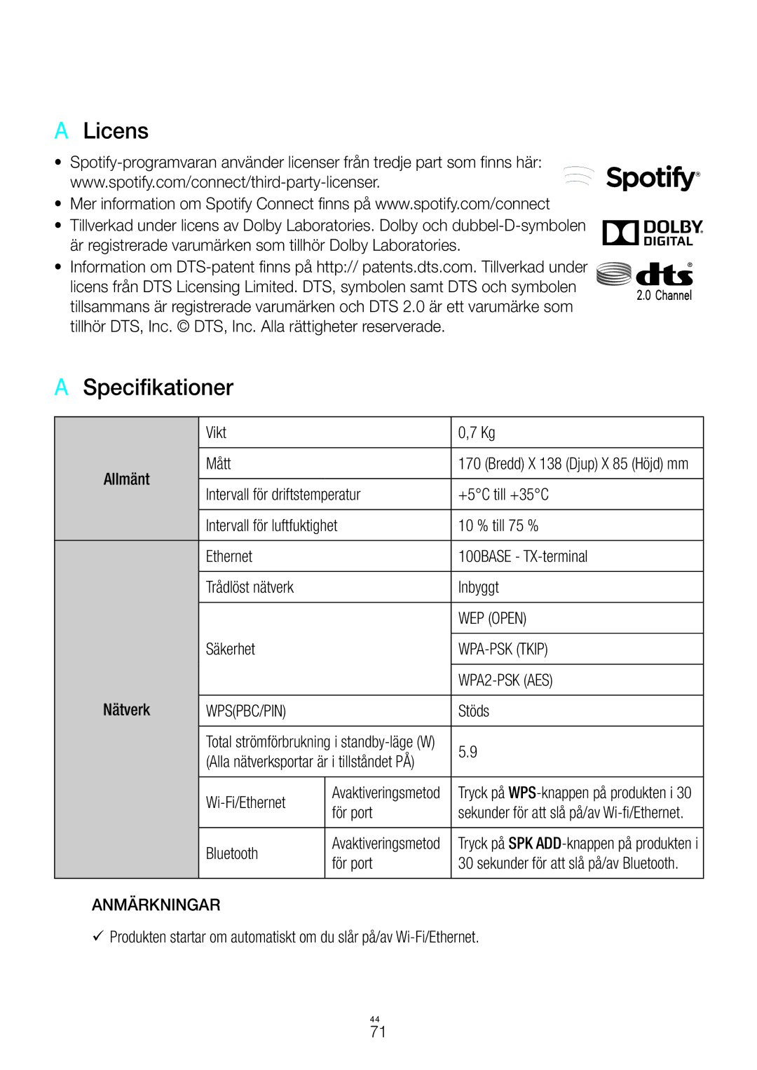 Samsung WAM270/XE manual AA Licens, AA Specifikationer 