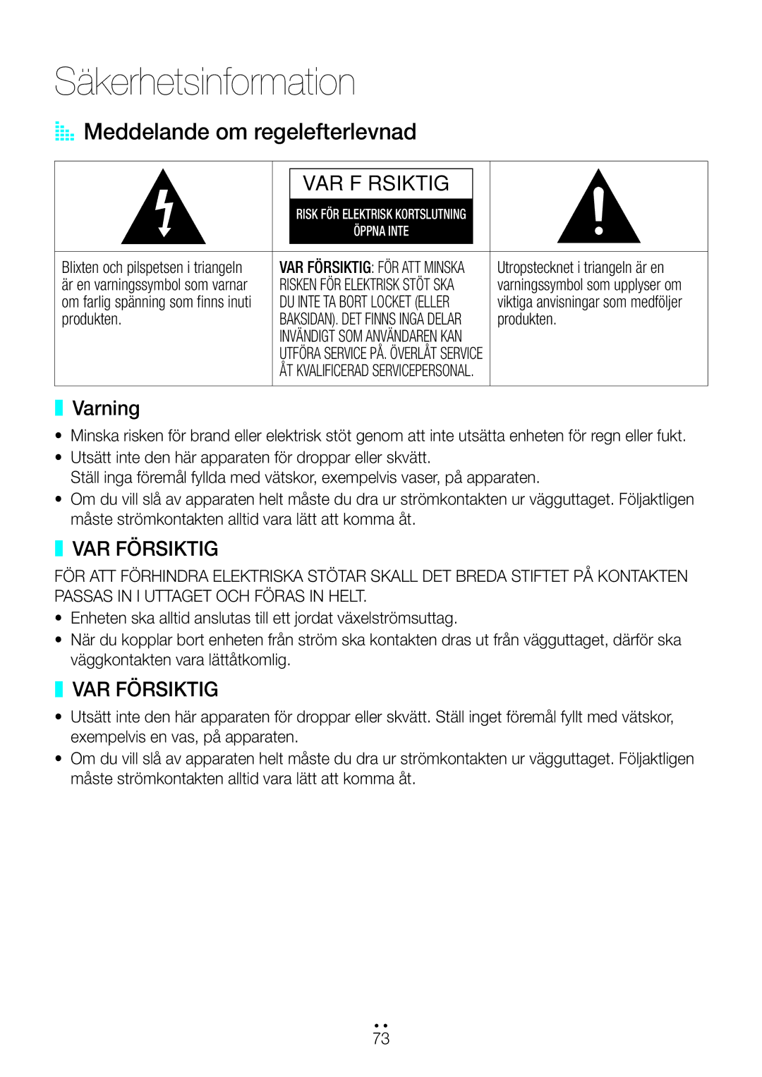 Samsung WAM270/XE manual AA Meddelande om regelefterlevnad, Varning, Utropstecknet i triangeln är en, Produkten 