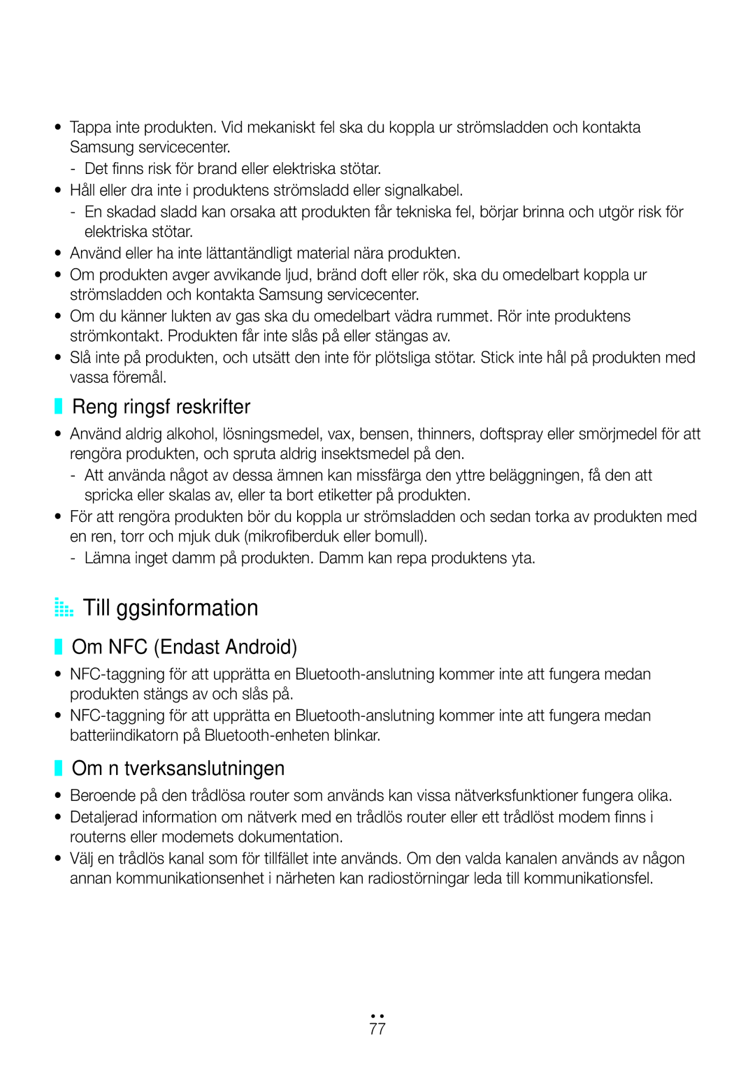 Samsung WAM270/XE manual AA Tilläggsinformation, Rengöringsföreskrifter, Om NFC Endast Android, Om nätverksanslutningen 