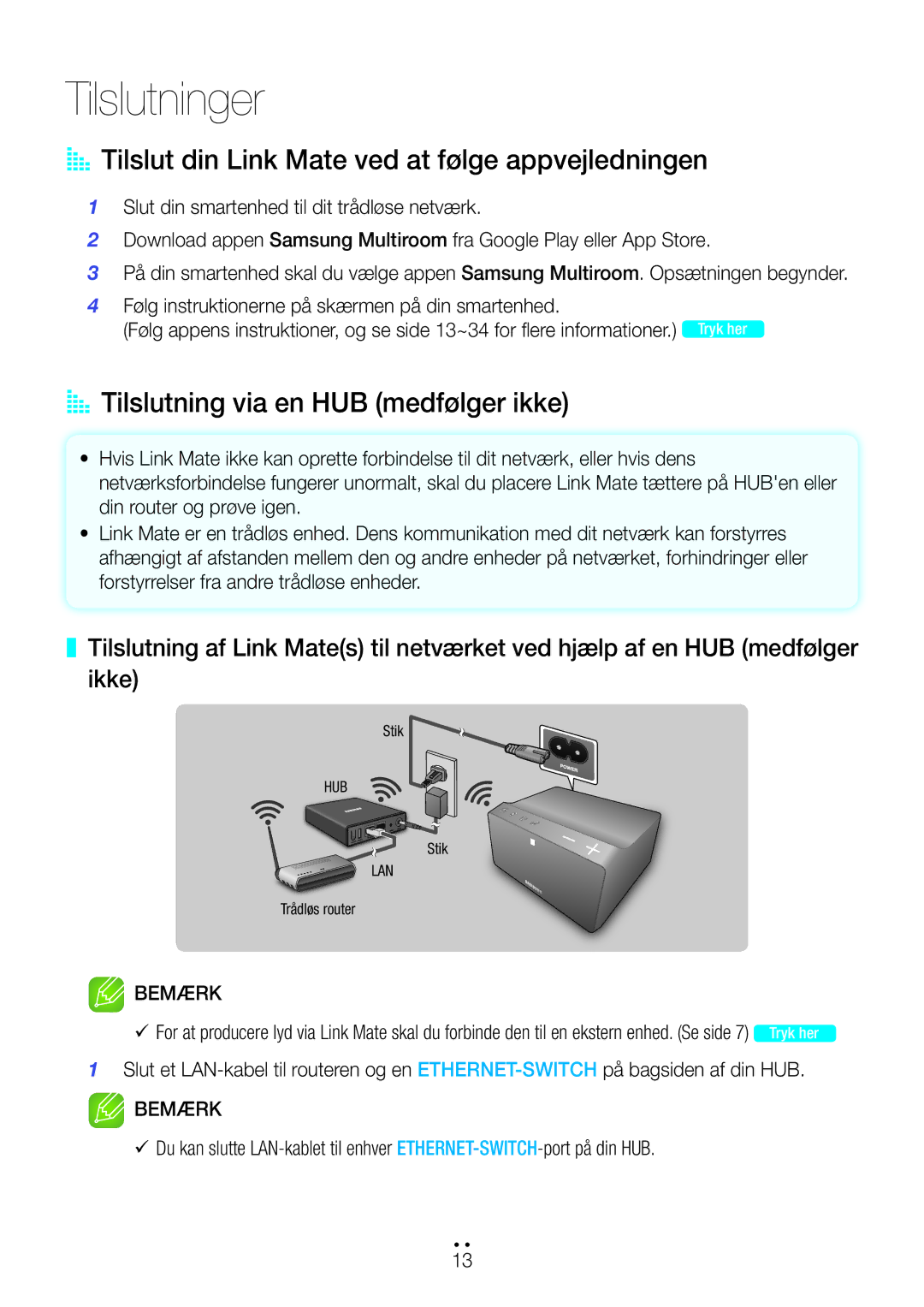 Samsung WAM270/XE manual AA Tilslut din Link Mate ved at følge appvejledningen, AA Tilslutning via en HUB medfølger ikke 