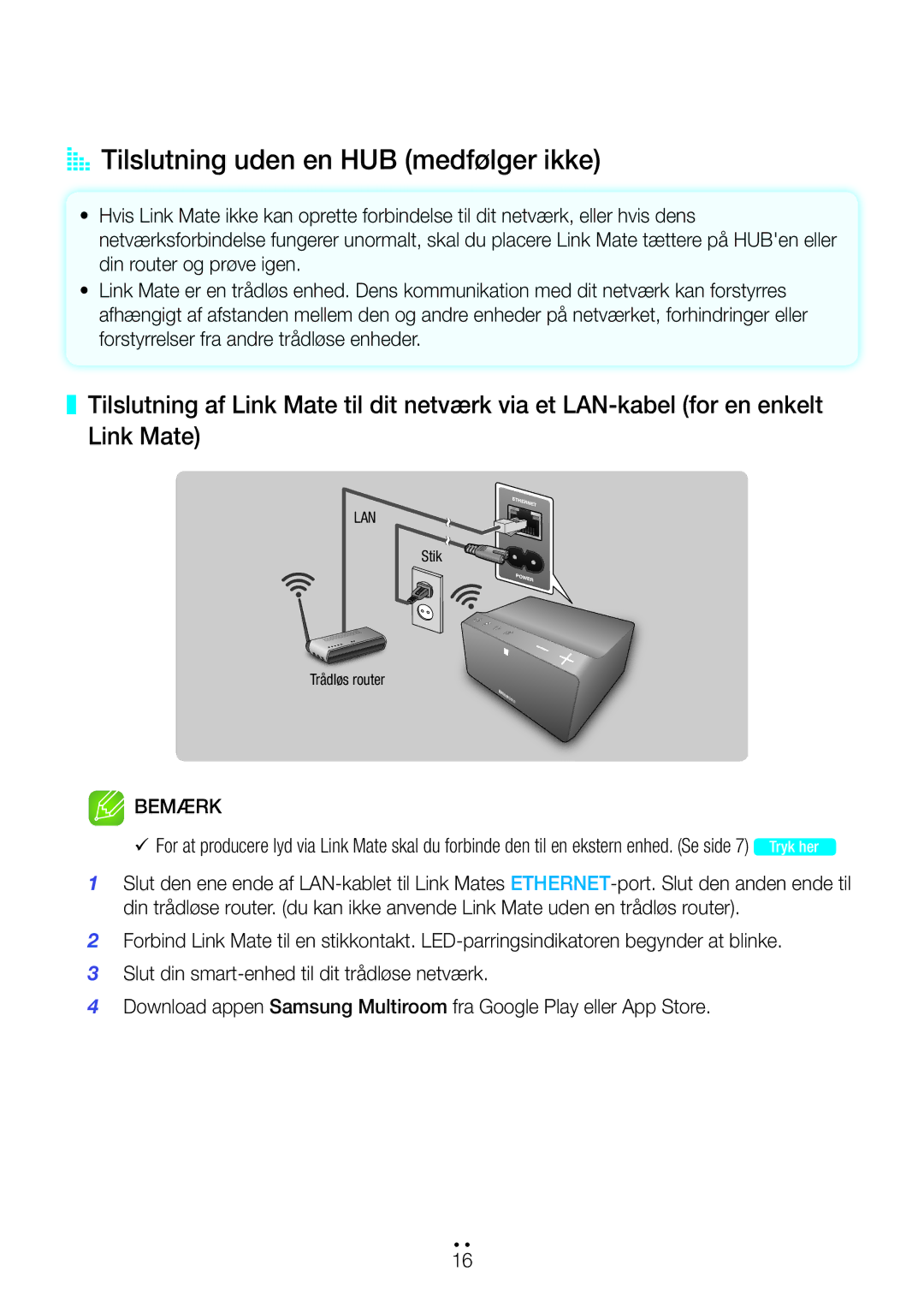 Samsung WAM270/XE manual AA Tilslutning uden en HUB medfølger ikke 