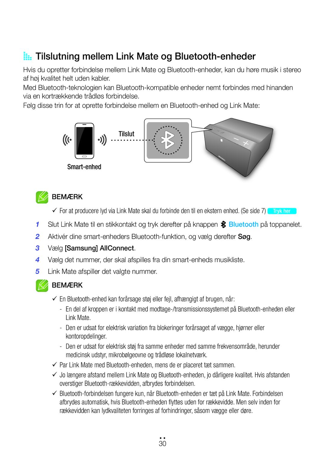 Samsung WAM270/XE manual AA Tilslutning mellem Link Mate og Bluetooth-enheder 