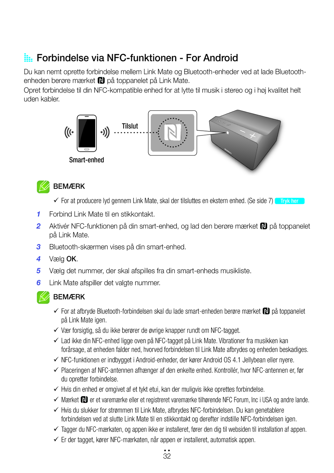 Samsung WAM270/XE manual AA Forbindelse via NFC-funktionen For Android, Du opretter forbindelse, 9Mærket 