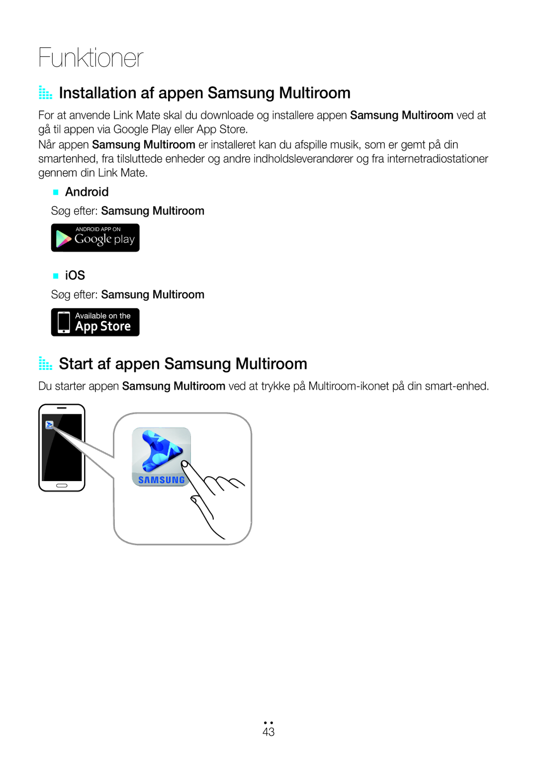 Samsung WAM270/XE manual AA Installation af appen Samsung Multiroom, AA Start af appen Samsung Multiroom, `` Android 