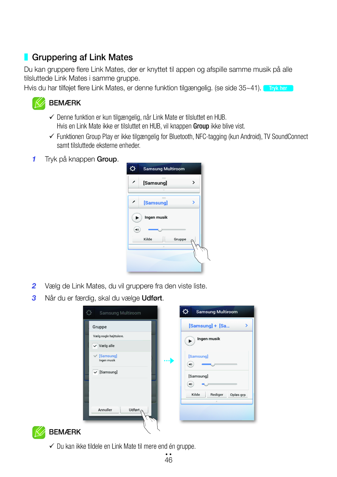 Samsung WAM270/XE manual Gruppering af Link Mates, 99Du kan ikke tildele en Link Mate til mere end én gruppe 