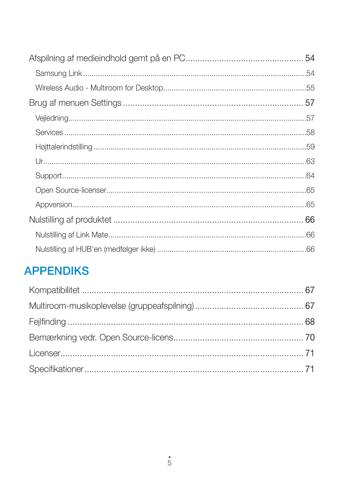 Samsung WAM270/XE manual Afspilning af medieindhold gemt på en PC, Brug af menuen Settings, Nulstilling af produktet 