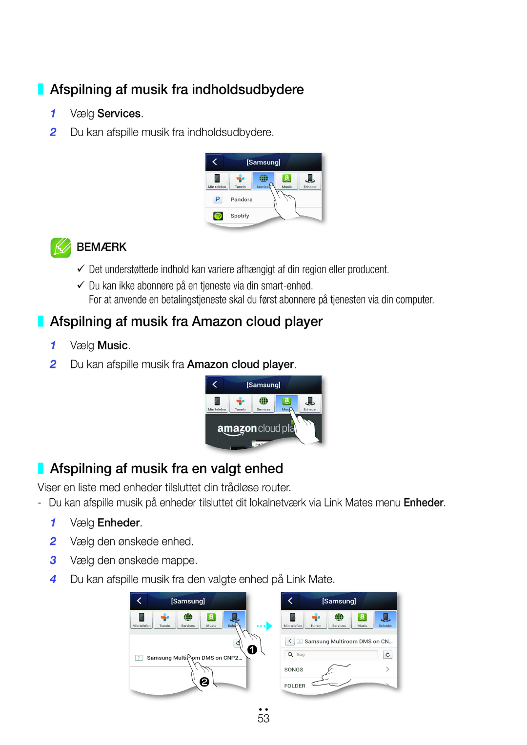 Samsung WAM270/XE manual Afspilning af musik fra indholdsudbydere, Afspilning af musik fra Amazon cloud player 