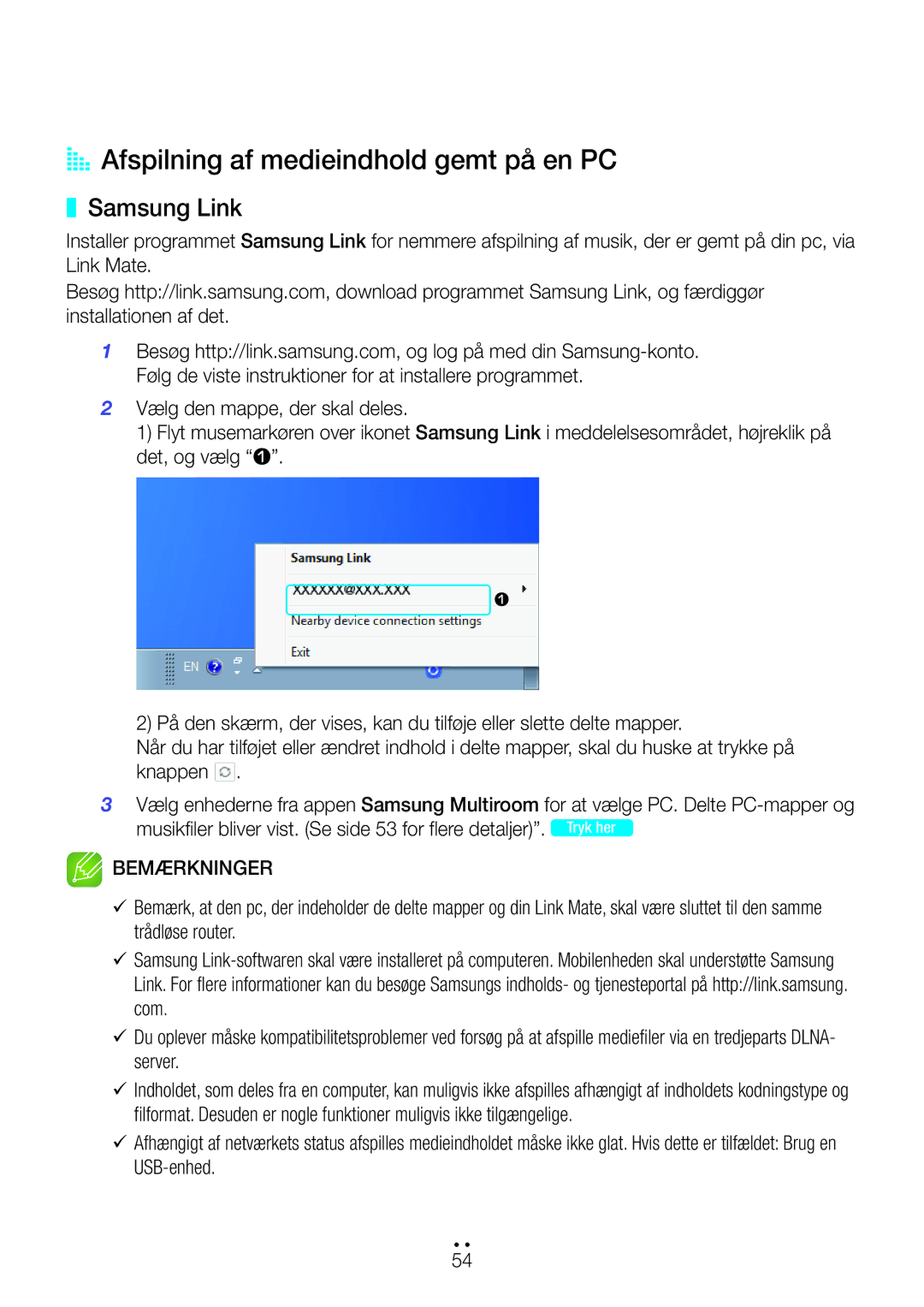 Samsung WAM270/XE manual AA Afspilning af medieindhold gemt på en PC, Samsung Link 