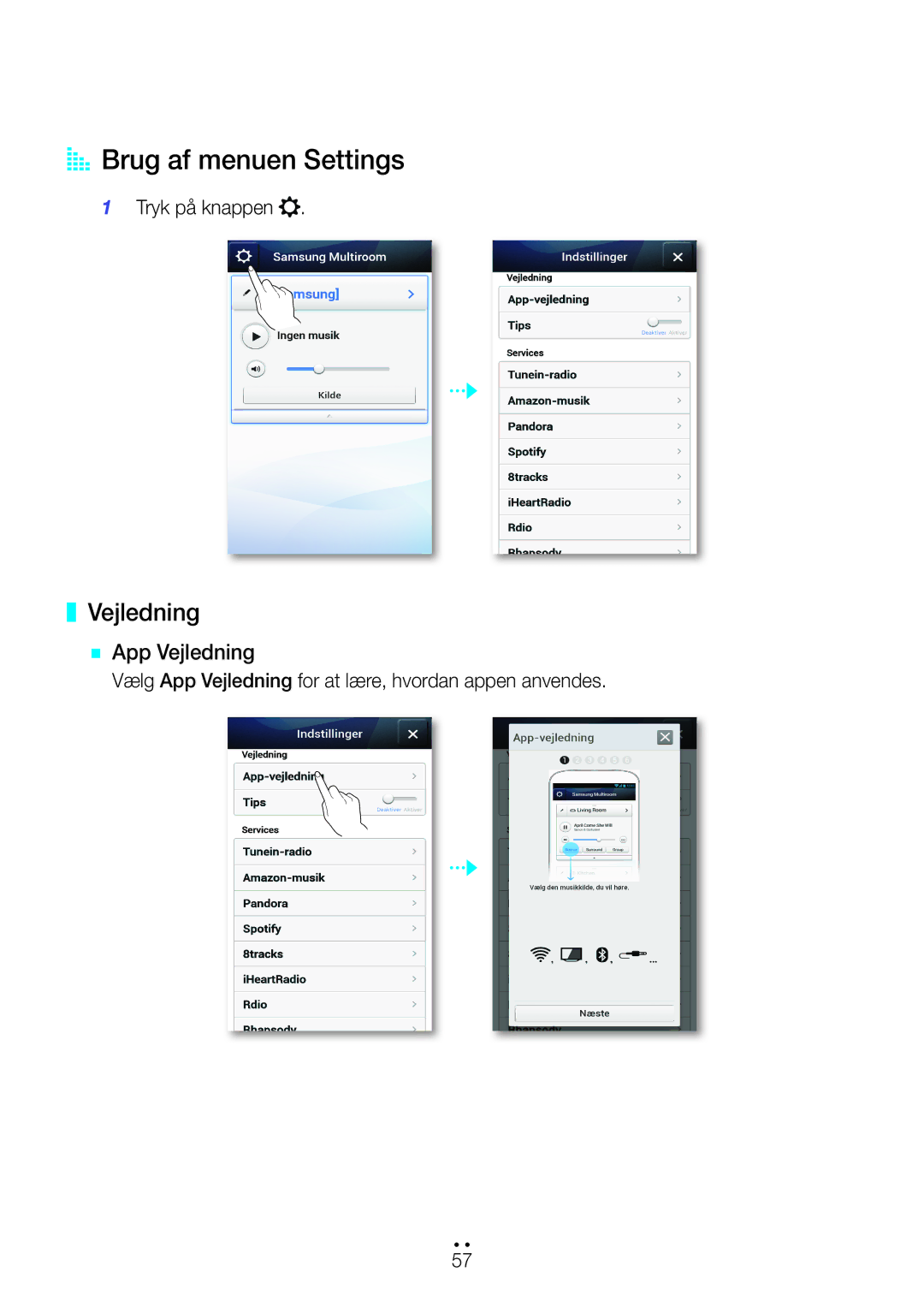 Samsung WAM270/XE manual AABrug af menuen Settings, `` App Vejledning 