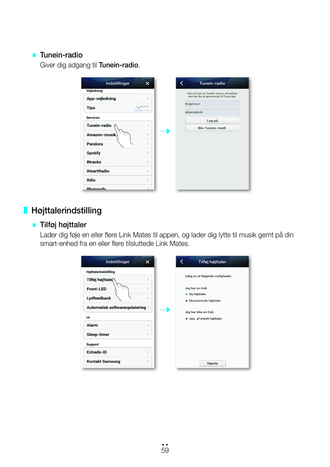 Samsung WAM270/XE manual Højttalerindstilling, `` Tunein-radio, `` Tilføj højttaler, Giver dig adgang til Tunein-radio 